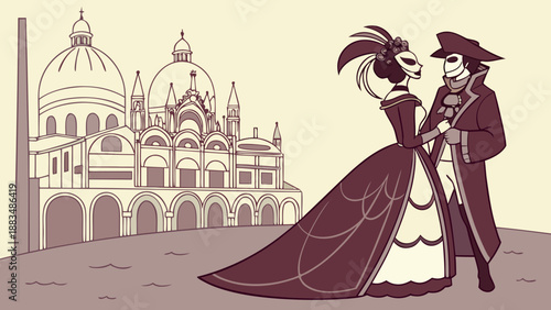 Cartoon depicting a couple in luxurious costumes from the Venice Carnival, in a historical and refined style.