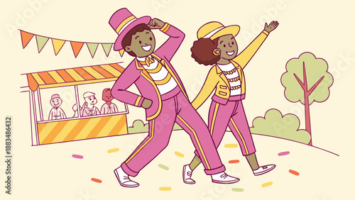 Cartoon depicting a couple dressed up for a street carnival, wearing sparkly clothes and creating a festive atmosphere.