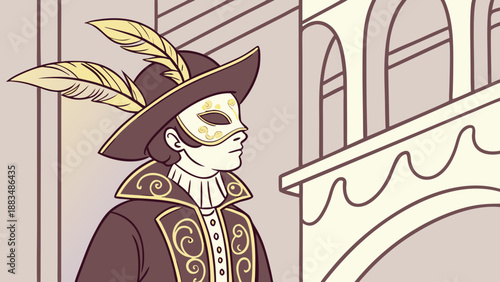 Cartoon of a person wearing an elegant Venetian mask, classic costume, gold details, background.