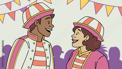 Cartoon depicting a couple dressed up for a street carnival, wearing sparkly clothes and creating a festive atmosphere.