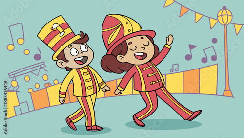 Cartoon depicting a couple dressed up for a street carnival, wearing sparkly clothes and creating a festive atmosphere.