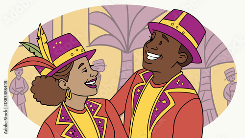 Cartoon depicting a couple dressed up for a street carnival, wearing sparkly clothes and creating a festive atmosphere.