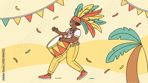Cartoon of a musician playing a tambourine in a carnival costume, vibrant colors, cheerful style.