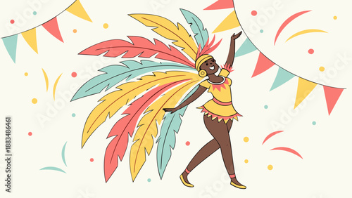 Cartoon of a samba dancer in a colorful costume with feathers, vibrant smile, fluid movement, festive background.
