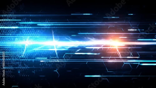 Abstract digital data stream with bright blue and orange light effects