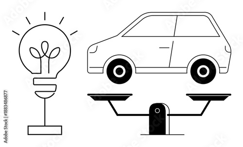 Sustainability, innovation, eco-friendly concepts, transportation, balance, decision-making. Minimalistic design of a light bulb, car and scale. Sustainability and innovation concepts artfully