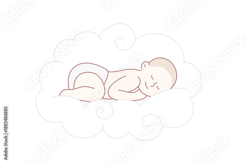 Happy childhood and sweet dreams concept. Small baby infant sleeping like angel in sweet white fluffy cloud having sweet dreams vector illustration