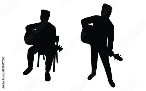 Musician silhouettes playing acoustic guitar standing and sitting on a chair
