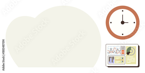 Cloud computing, time management, data analysis, remote work, technology, digital systems. Cloud shape, clock and data interface. Cloud computing and time management concepts