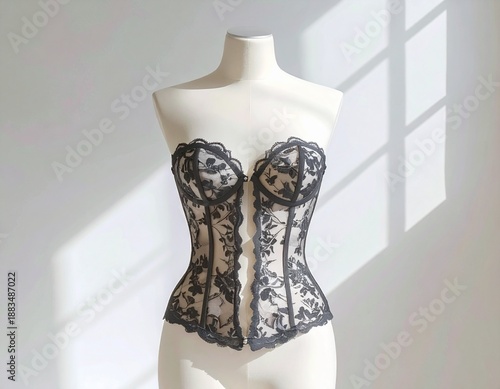 elegant lace corset on mannequin in soft natural light