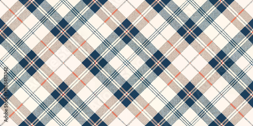 Stylish plaid pattern featuring a mix of navy, beige, and subtle coral tones.