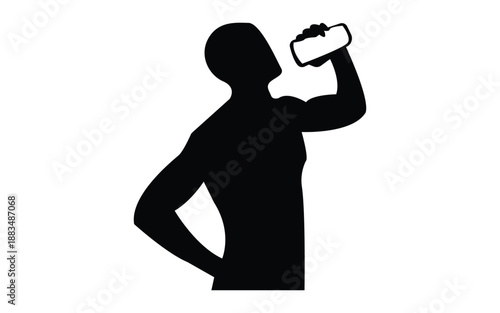 Silhouette of muscular person drinking water after intense weightlifting workout