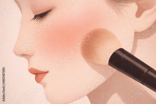 Pink blush application on a woman illustration. 