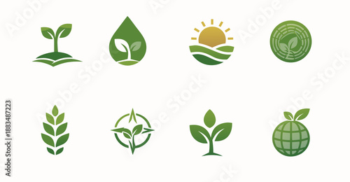 Green eco icon set with leaves, sprouts, wheat, sunrise landscape, and globe symbols. Clean flat vector badges for sustainability, organic farming, renewable energy, and nature brands.