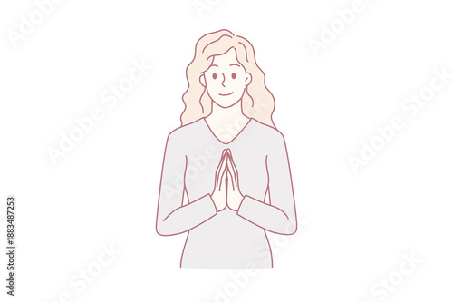Thankfulness and good attitude concept. Young smiling female wearing red jacket standing with crossed hands on breast feeling thankful vector illustration
