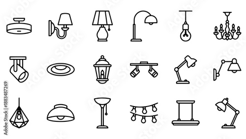 Lighting Fixture Line Art Icon Set, lighting icons, light fixtures, line art, ceiling light, wall lamp, table lamp, floor lamp, pendant light, chandelier, spotlight, recessed lighting, 