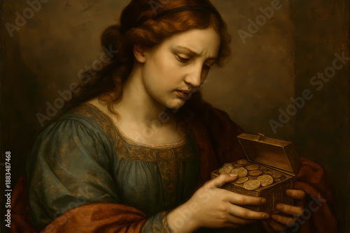 Artistic illustration. Woman with a chest of coins. Renaissance painting.