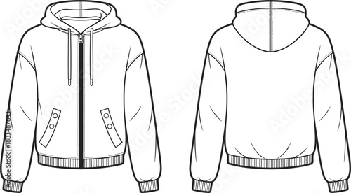 Technical flat sketch of unisex zip up hoodie with drawstring and welt pockets, fashion vector illustration of relaxed fit casual fleece sweatshirt jacket.