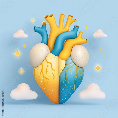 Vibrant Heart Illustration with Magical Elements and Cloudy Background