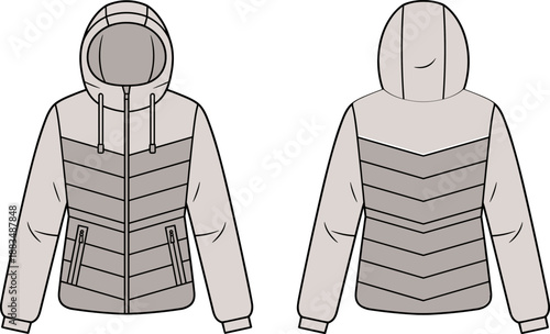 Technical flat sketch of women's hooded puffer jacket with chevron quilting and zip pockets, fashion vector illustration of warm winter outerwear insulated puffer coat.