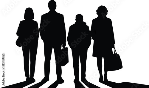 Silhouettes of a diverse group of four people including men and women standing with bags