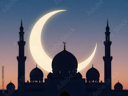 Serene silhouette of a grand mosque at twilight, graced by a brilliant crescent moon, evoking spiritual reflection and cultural heritage