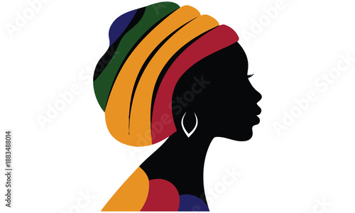 African Woman Silhouette Vector – Colorful Headwrap and Cultural Beauty Illustration .