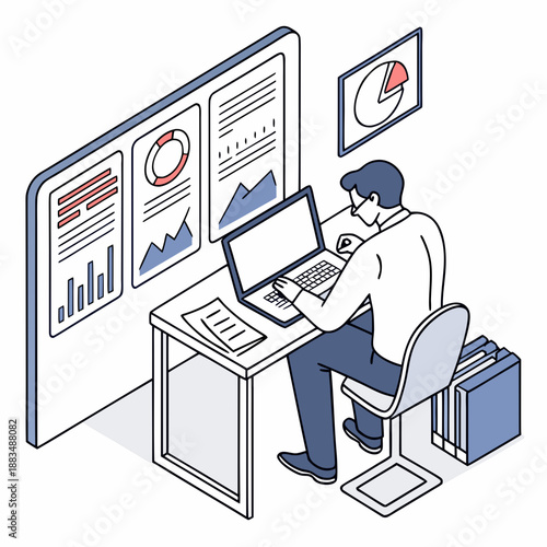 Man analyzing business data and financial reports using a laptop and visual charts