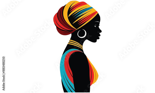 African Woman Silhouette Vector – Colorful Headwrap and Cultural Beauty Illustration .