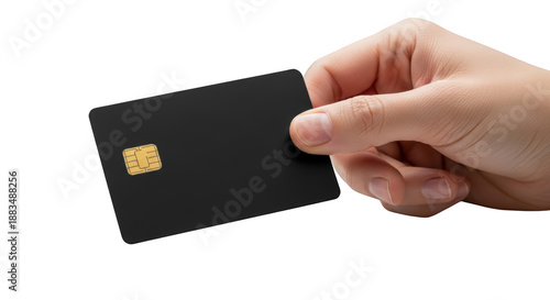 Hand holding a credit card with gold chip isolated on transparent background