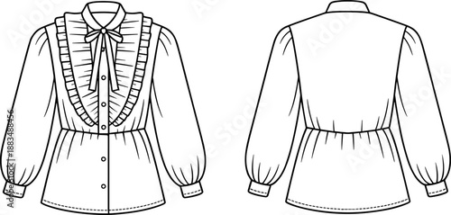 Technical flat sketch of women's pussy bow ruffle blouse with gathered peplum waist and bishop sleeves, fashion vector illustration of elegant vintage button front top.