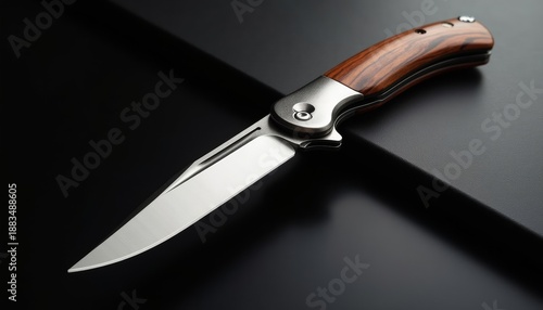 Steel knife with wooden handle on black background  