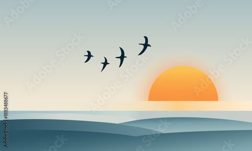  Calm ocean horizon with Birds styliz