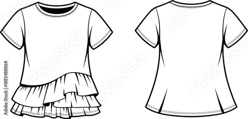 Technical flat sketch of women's short sleeve t-shirt with asymmetrical tiered ruffle hem, fashion vector illustration of a casual crew neck peplum style top.