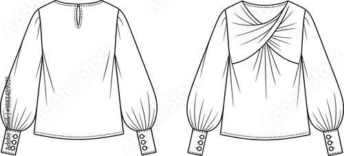 Technical flat sketch of women's twist front blouse with voluminous bishop sleeves and high button cuffs, fashion vector illustration of elegant draped v-neck top.