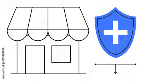 Business protection, health services, safety assurance, insurance, business solutions, risk management. A shopfront paired with a blue shield a cross. Business protection and health services concepts