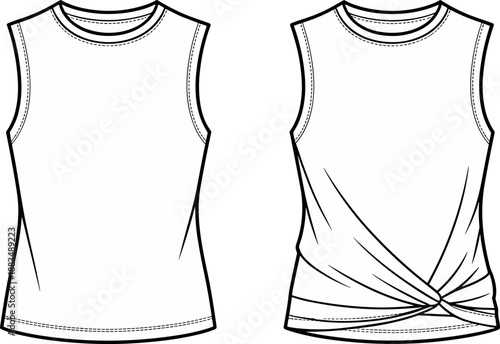 Vector technical fashion sketch of a women's sleeveless tank top featuring a crew neck and a stylish twisted knot detail at the hem.