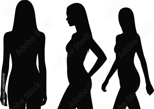 Three distinct full body black female silhouettes posing in various elegant stances on a white background