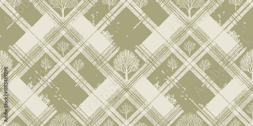 Textured green and cream pattern featuring trees in a diamond grid design.