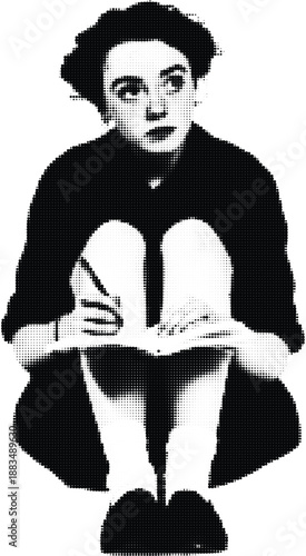 Halftone portrait of a person sitting with knees up in a modern retro dot art style black and white illustration