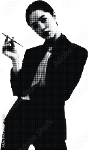 Retro Halftone Portrait Holding Cigarette Black and White Illustration Dot Pattern Graphic Design for Posters and Print Ads