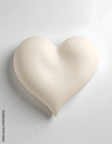 A soft, three-dimensional, cream-colored heart-shaped object is centrally placed on a plain white background, casting a subtle shadow