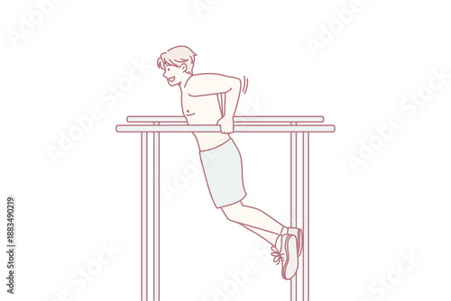 Outdoor sport training and workout concept. Positive young man athlete doing workout pulling up on horizontal bar outdoors vector illustration