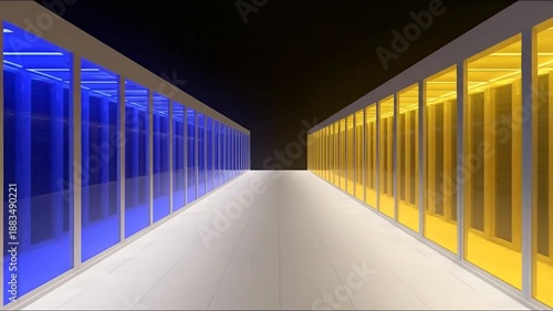 Abstract corridor with colorful glass panels and reflective floor