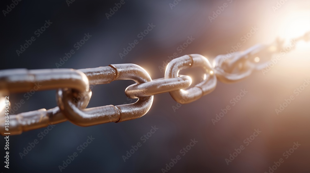 Fototapeta premium Metal chain link broken due to excessive strain, distorted shape illustrating force impact, fatigue, and limits of material strength. cinematic color correction, natural uneven lighting yet gentle