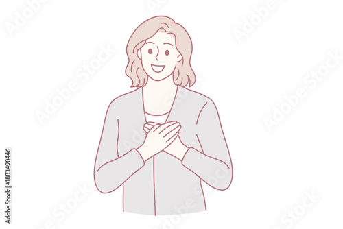 Thankfulness and positive emotions concept. Young smiling female wearing red jacket standing with crossed hands on breast feeling thankful vector illustration