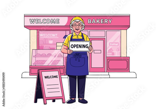 Happy senior bakery owner holding opening sign outside pink shop vector