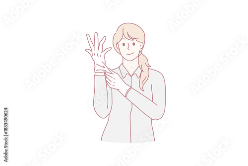 Protective work clothes and accessories concept. Young woman doctor or cosmetologist putting white latex protective medical gloves vector illustration
