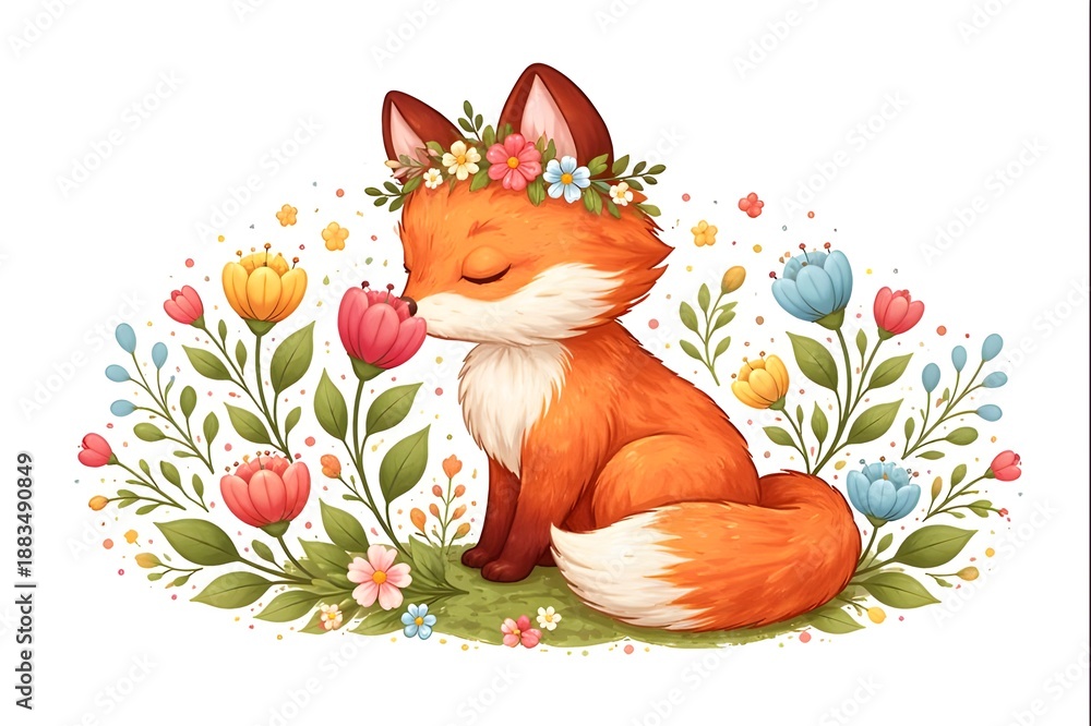 Obraz premium Niedlicher Fuchs mit Blumenkranz in frühlingshafter Illustration.Liebevolle Illustration eines sitzenden Fuchses mit Blumenkranz, umgeben von bunten Frühlingsblumen, freigestellt auf weißem Hintergrun