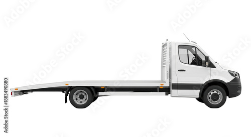 White flatbed tow truck car carrier vehicle for transportation and recovery isolated on transparent background